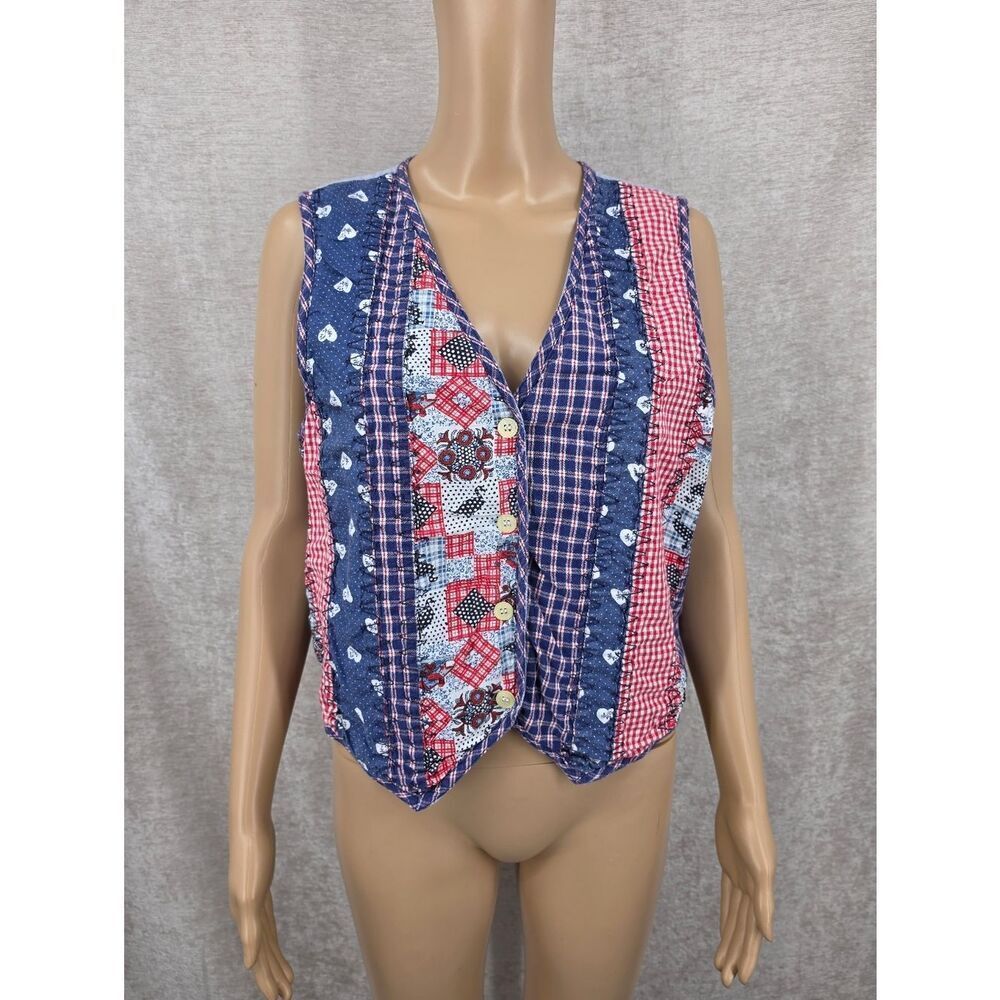 Vintage Vest Patchwork Red Blue Patriotic Polka Dot Goose Cotton Embroidered